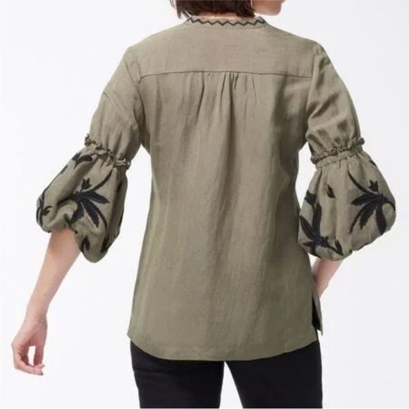 Chico’s size 2  Linen Blouse Boho puffy sleeves L 12 Women’s beaded Green boho - Picture 10 of 11